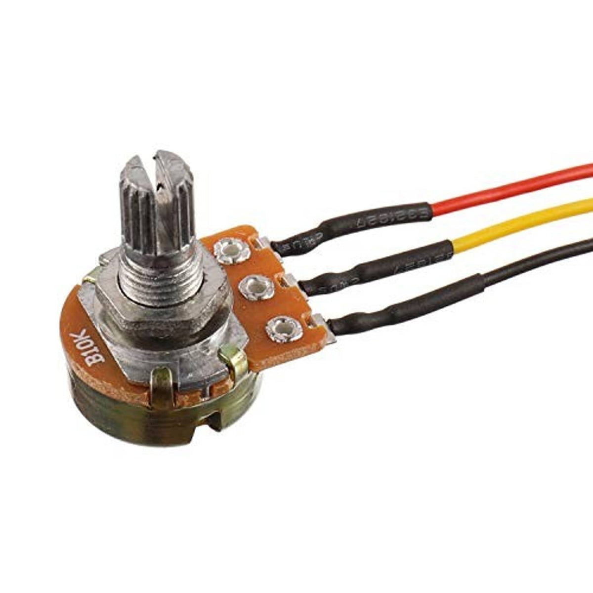 Knurled potentiometer shaft and metal mounting board with three solder terminals and wires