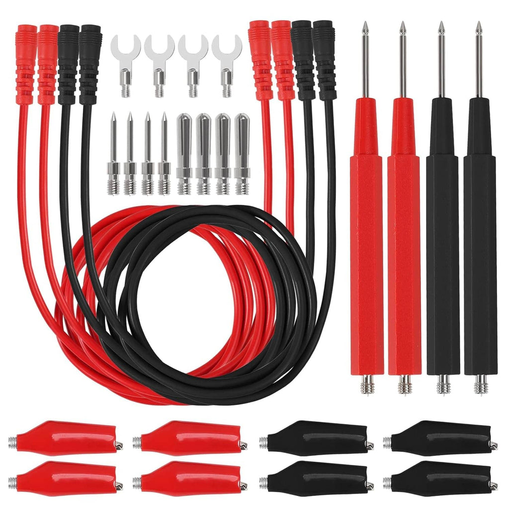 Multimeter test lead kit with red/black probe leads, clips, and needle tips