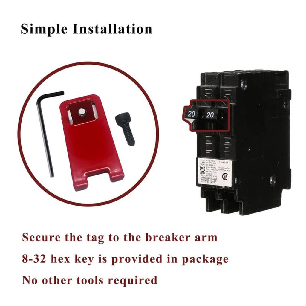 Red lockout tag with black key and a black circuit breaker lock device
