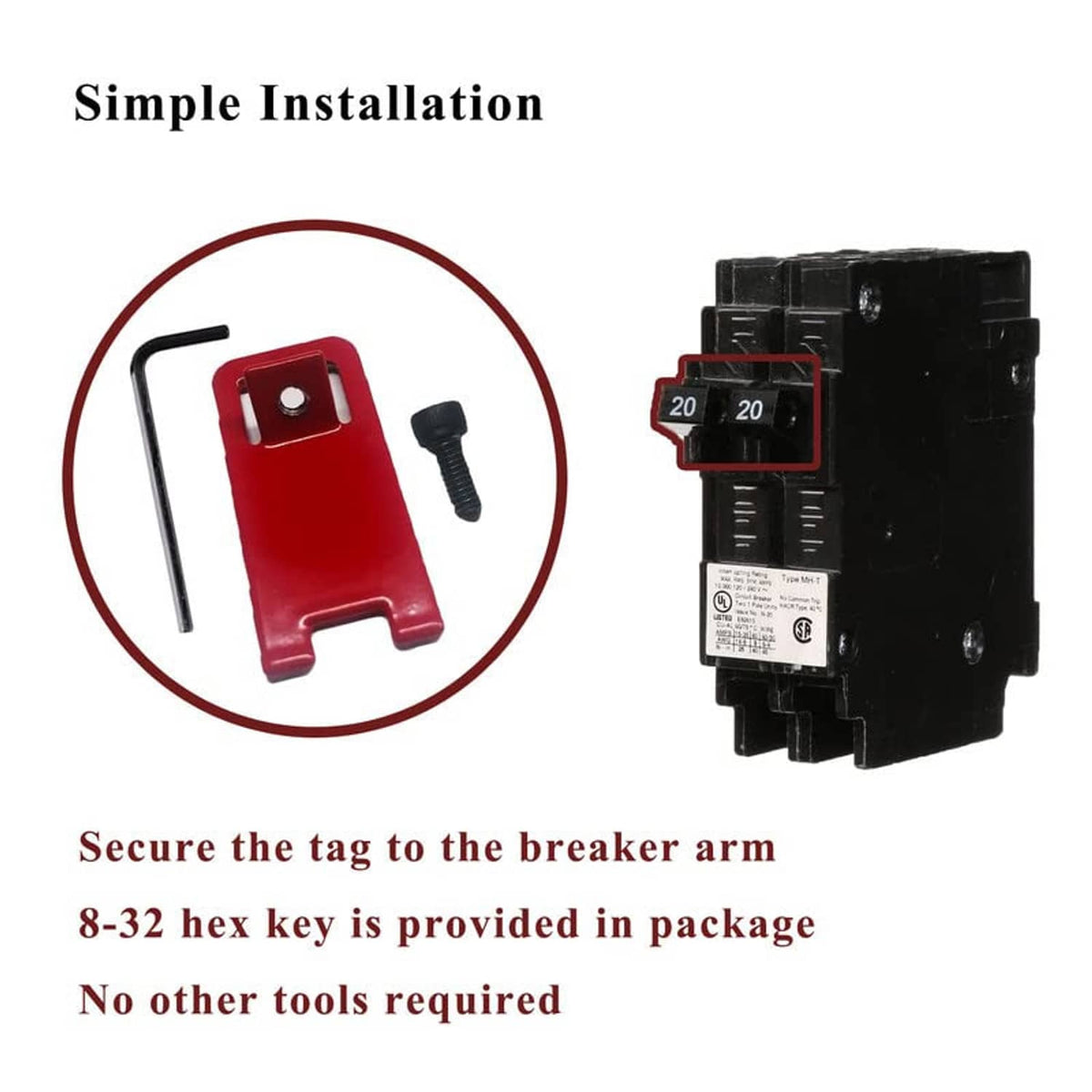 Red lockout tag with black key and a black circuit breaker lock device