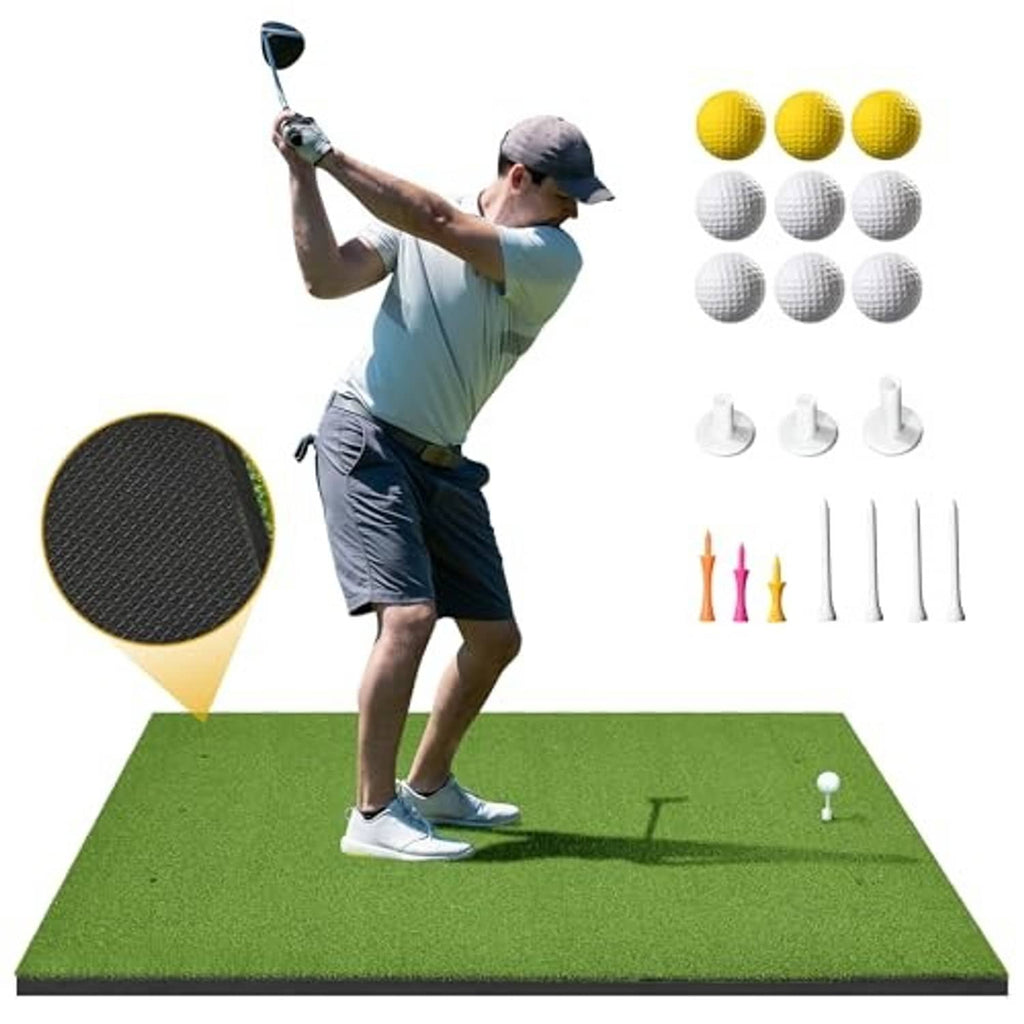Green golf hitting mat with tee markers and practice ball target