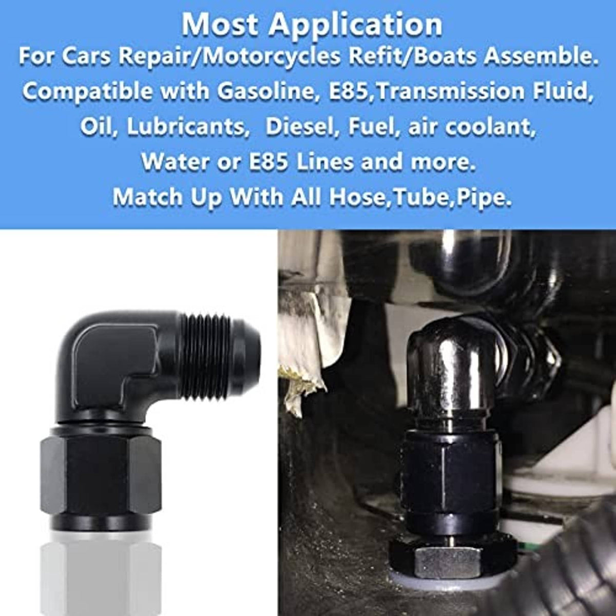 Black angled AN flare adapter fitting with male threaded end and hex base