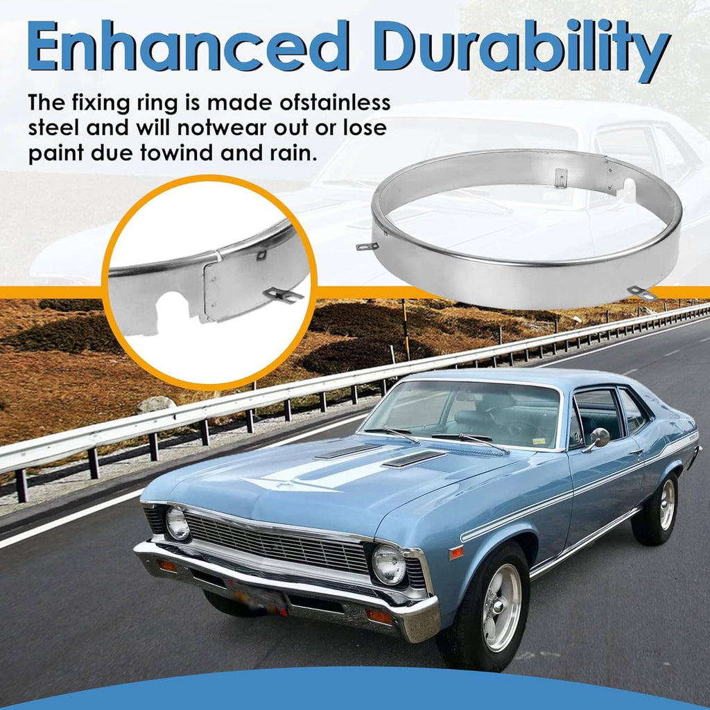 Black mounting ring set and stainless-style fixing ring for headlight bucket installation