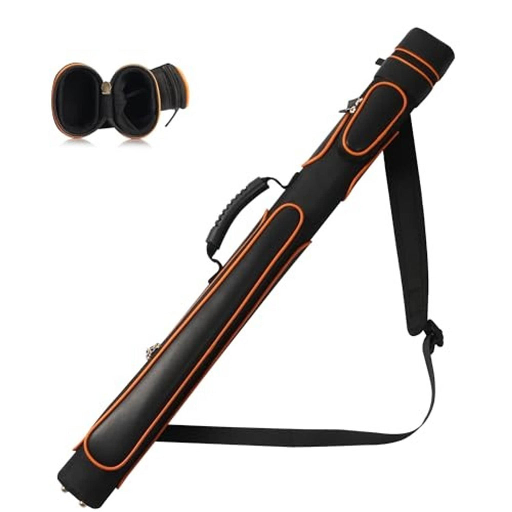 Hard pool cue case with adjustable shoulder strap, black with orange piping, zip front pocket