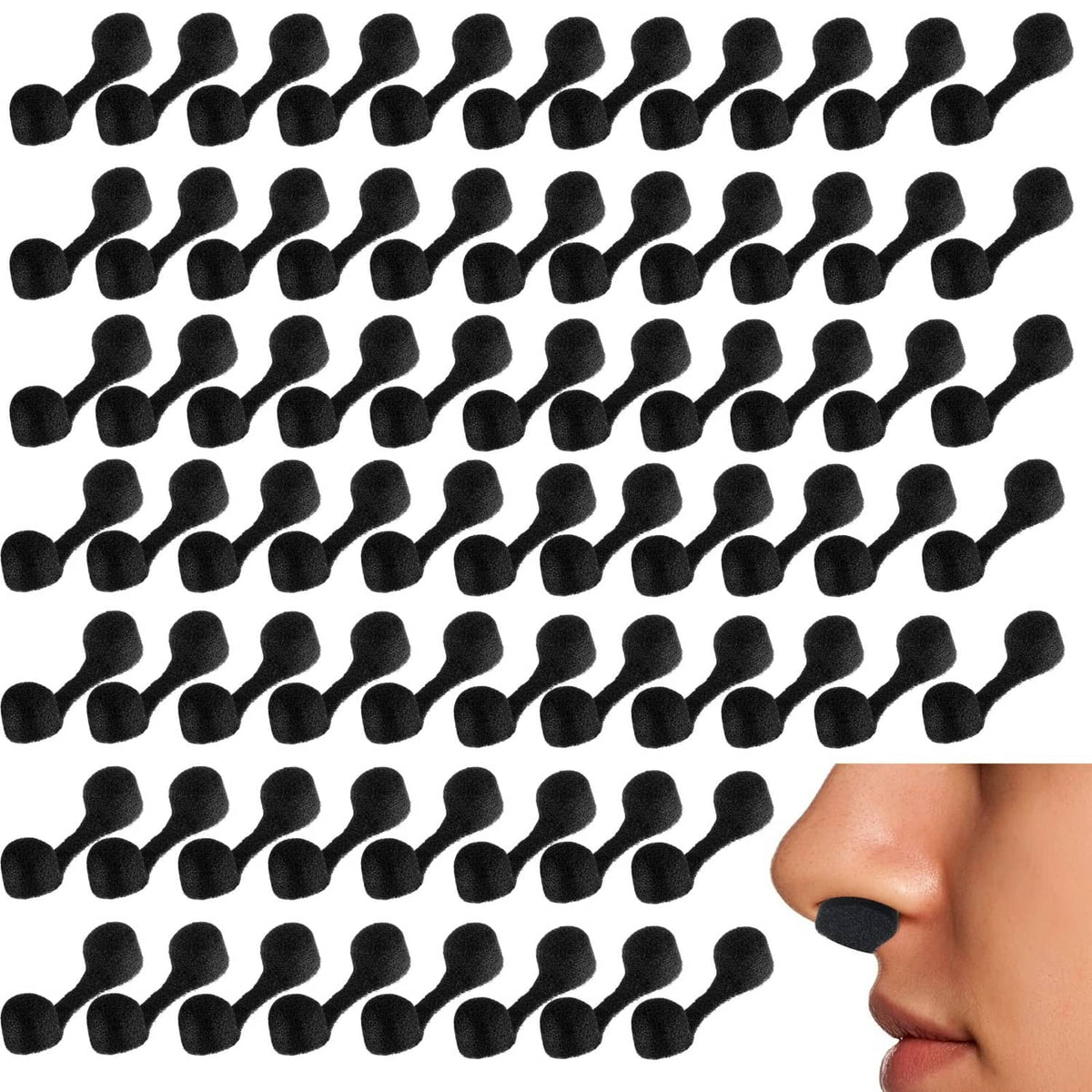 Disposable black sponge nose plugs, 100-pack, small curved cylinder tips