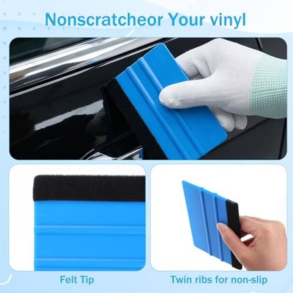 Blue felt-edge squeegee smoothing vinyl film, with black felt contact edge