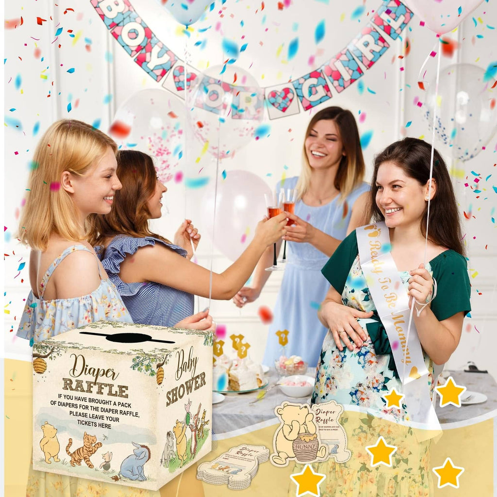 Diaper raffle box with diaper raffle cards on baby shower table display
