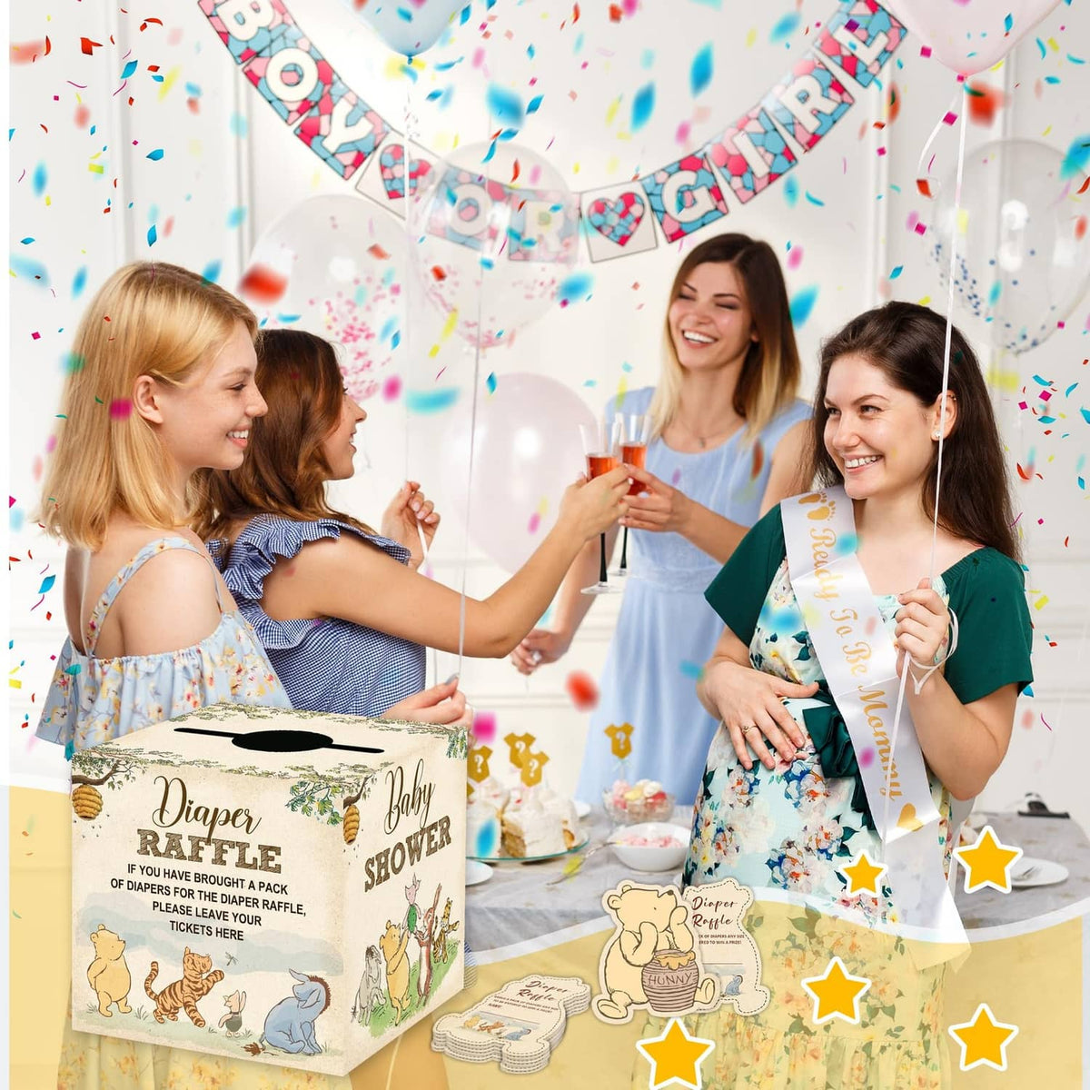Diaper raffle box with diaper raffle cards on baby shower table display