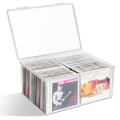 Clear CD storage box with lid open; CD spines visible in the front compartment