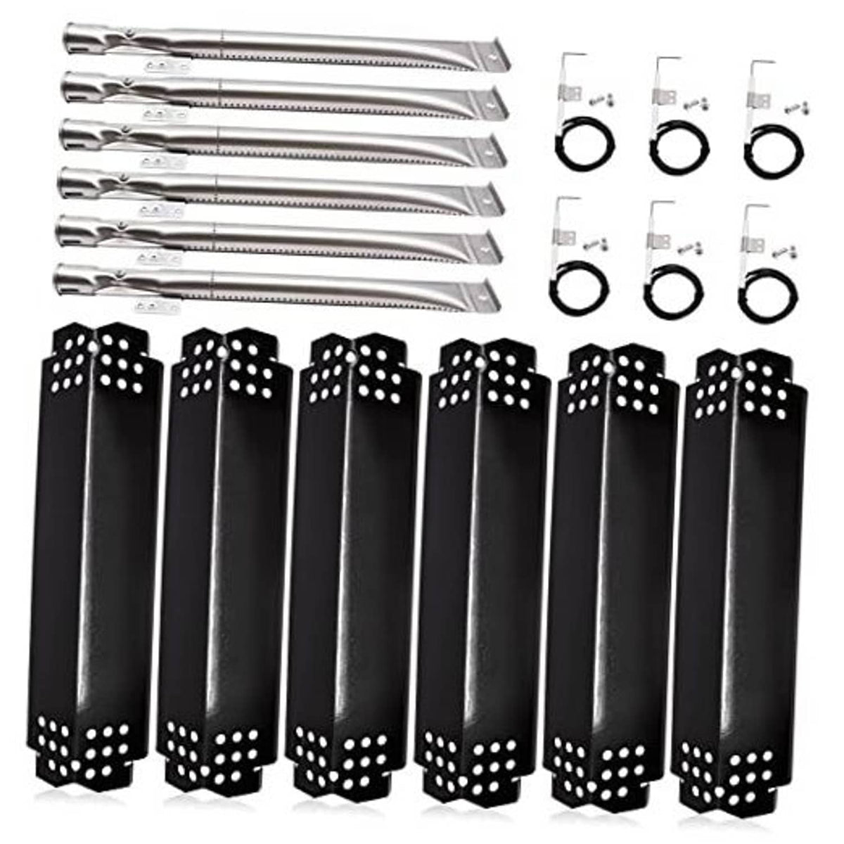 Grill heat plate panels with vent holes and mounting hardware set