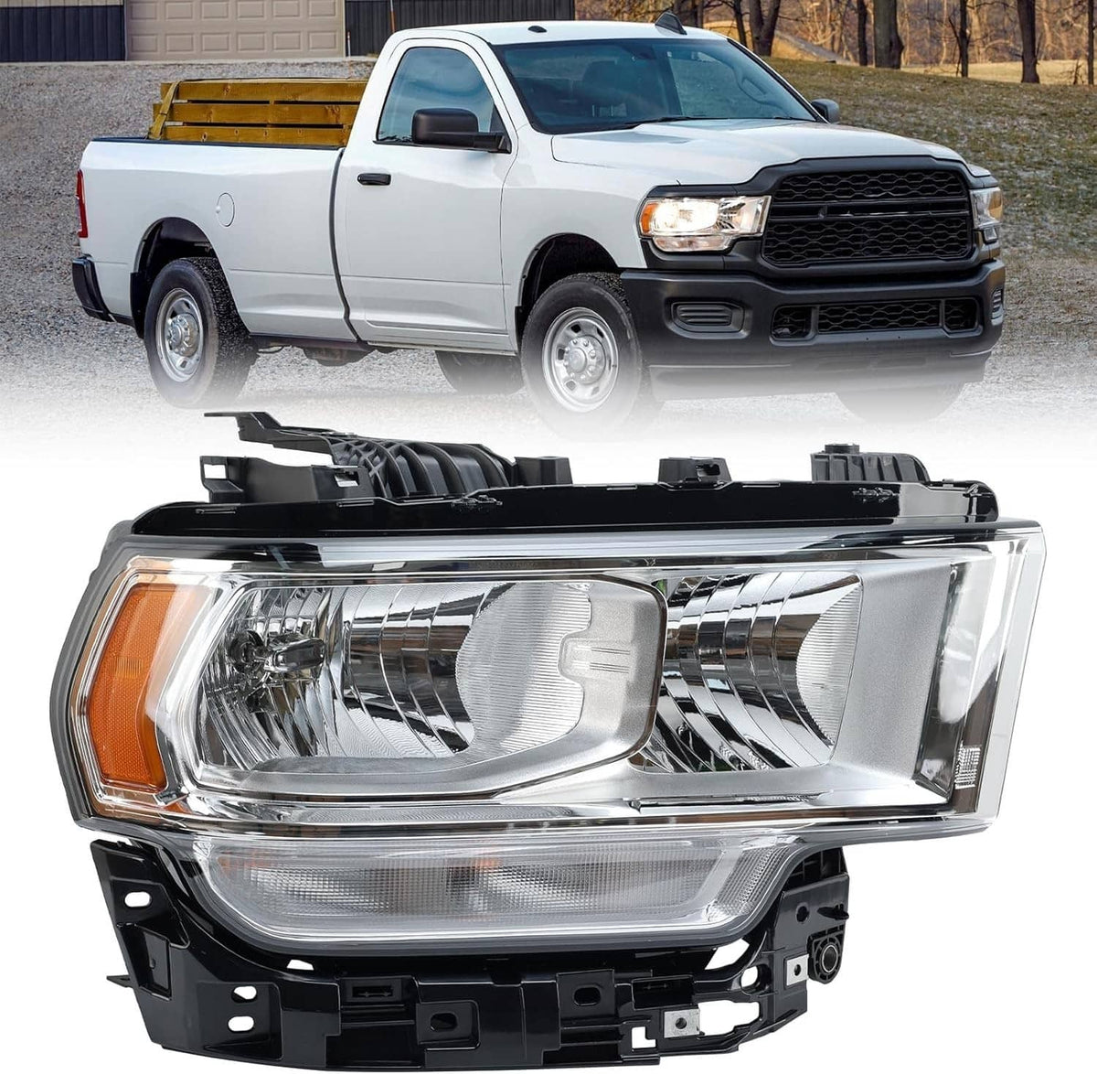 Right halogen chrome headlight assembly shown with an installed white pickup