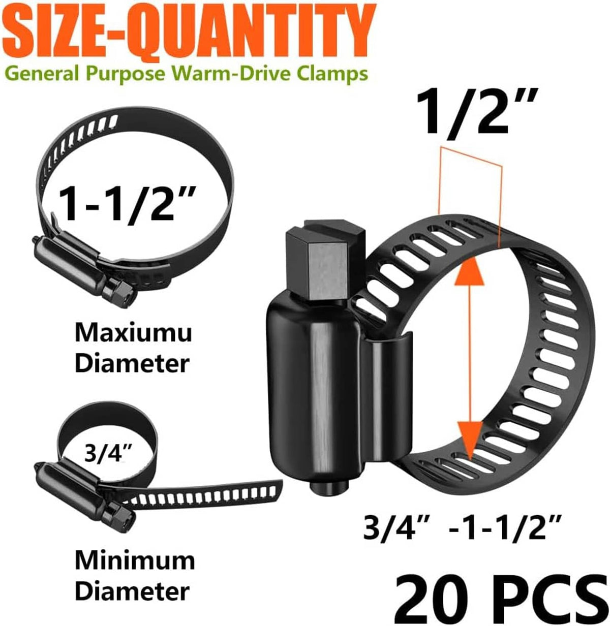 Black hose clamps for 3/4 in to 1-1/2 in diameter, 20 pcs, screw buckle style