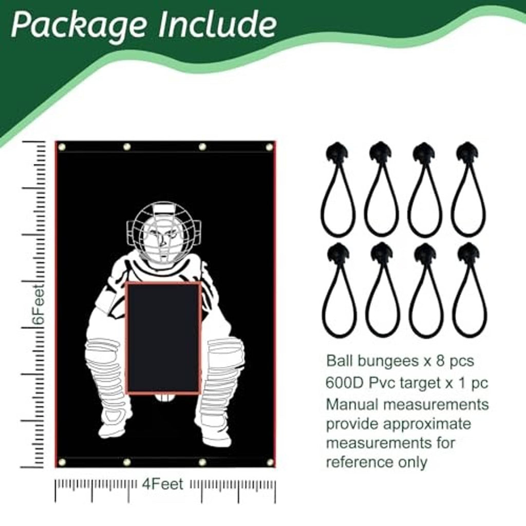 Strike zone backstop panel with size ruler and ball bungee set diagram