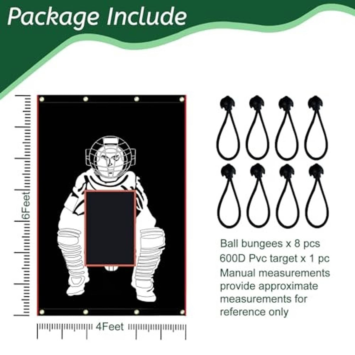 Strike zone backstop panel with size ruler and ball bungee set diagram