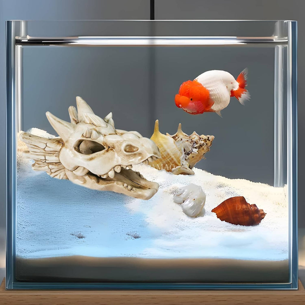 White dragon skull ornament inside an aquarium tank near fish