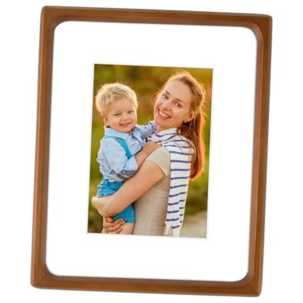 Brown solid wood picture frame with glass and rounded corners, displaying a photo