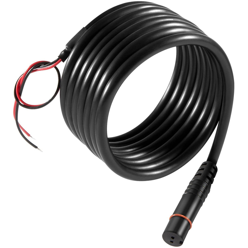 Coiled black power cable loop with cylindrical connector and red/black wire leads