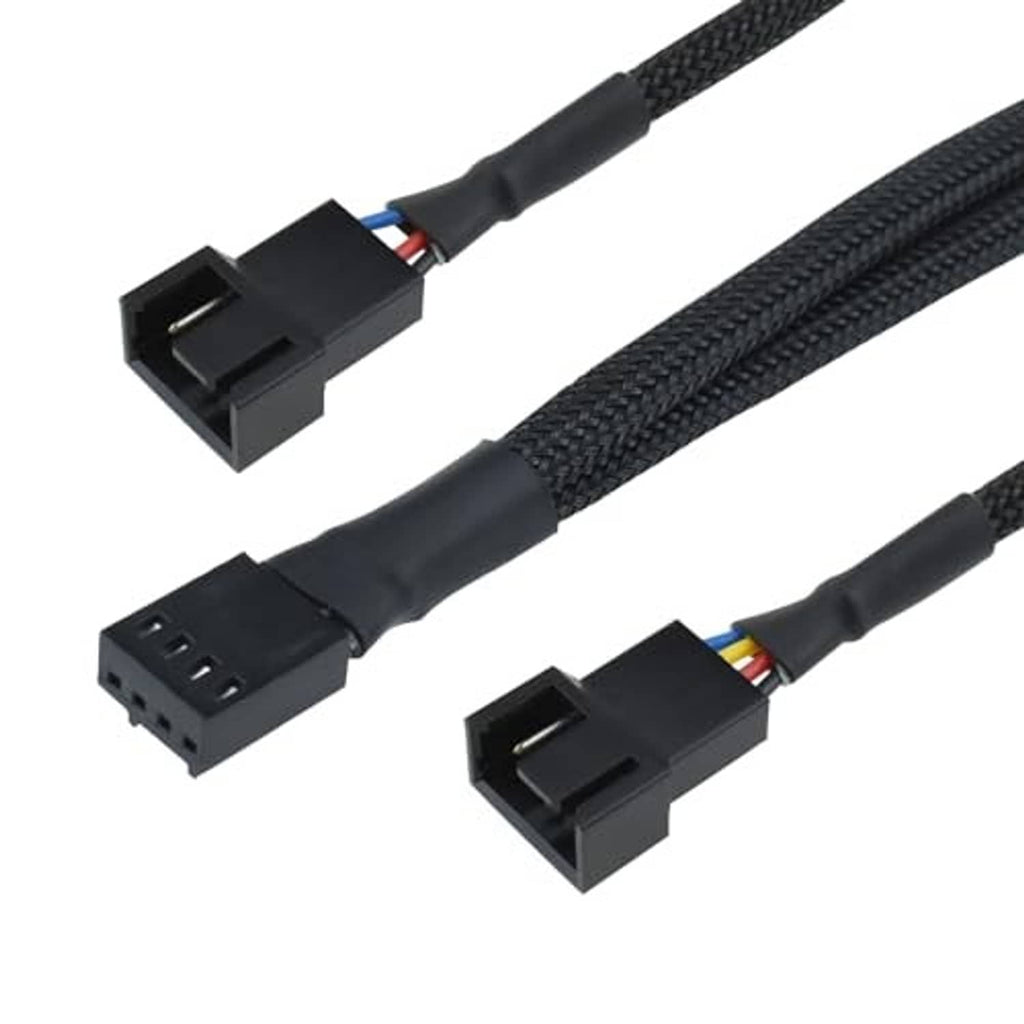 Black 4-pin PWM fan splitter cable set showing two connector ends and braided cable