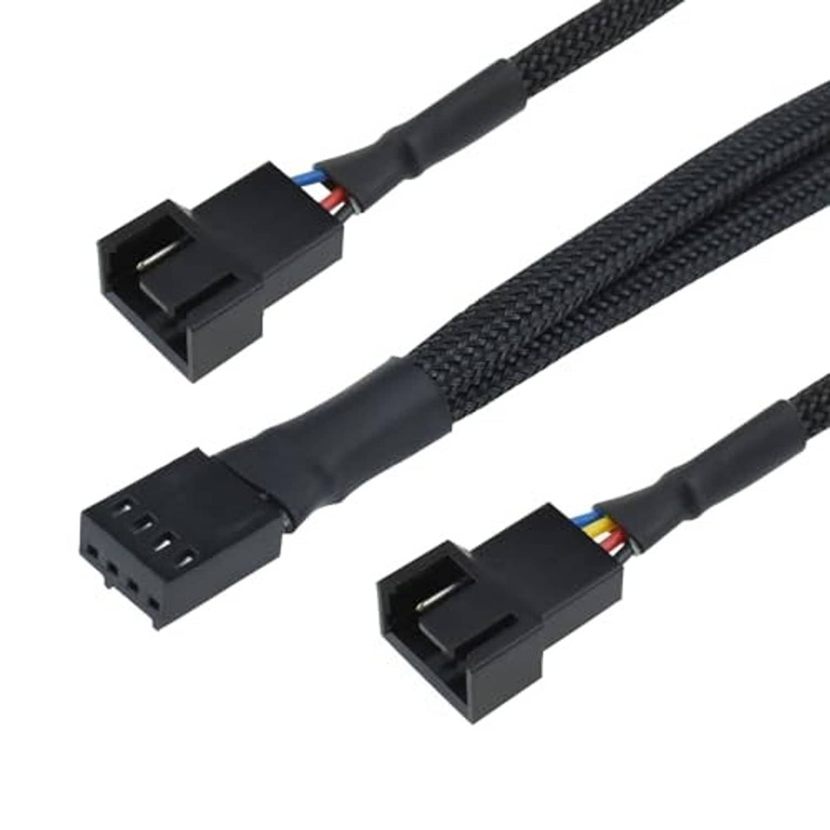Black 4-pin PWM fan splitter cable set showing two connector ends and braided cable