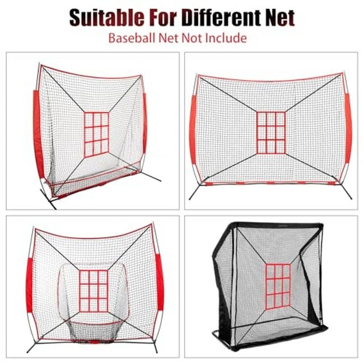 Pitching target net shown in multiple setups with red border and inner strike zone grid