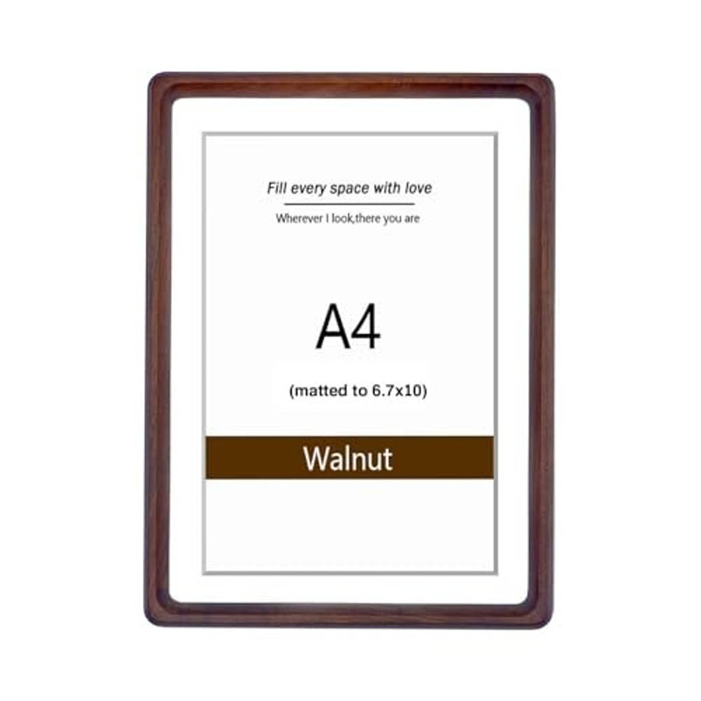 A4 walnut wood photo frame with white mat, ready to display photos