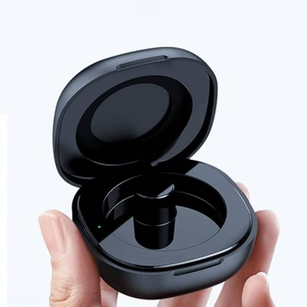 Black magnetic ring charging case open, showing round charging cradle and pin