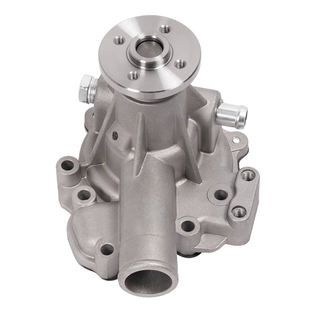Water pump assembly with pulley hub and side ports, silver metal finish