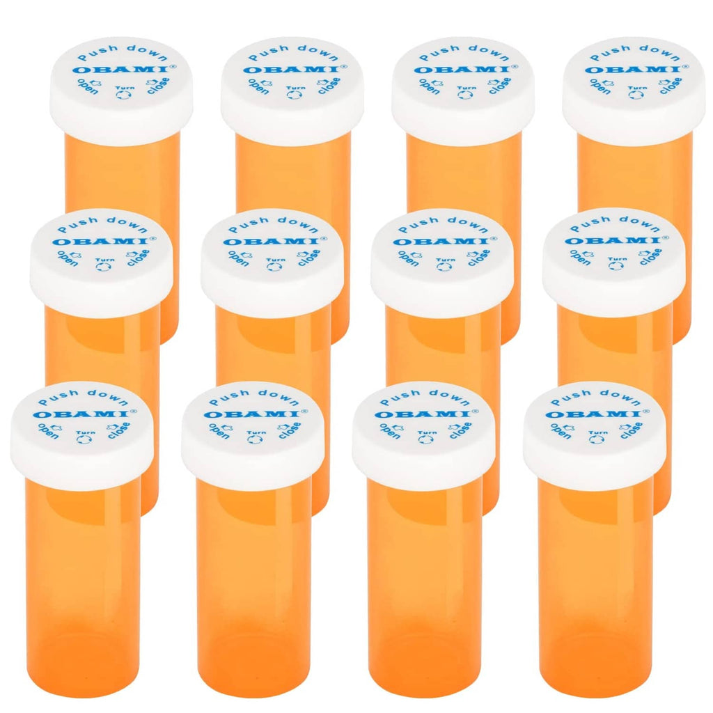 Set of orange plastic pill bottles with white push-down child-resistant caps