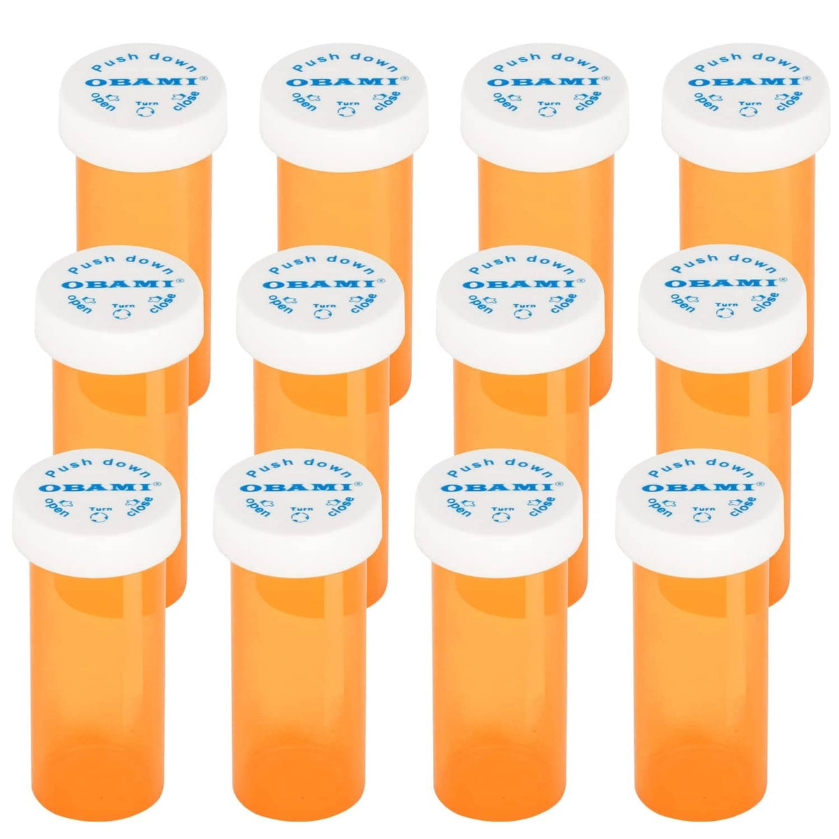 Set of orange plastic pill bottles with white push-down child-resistant caps
