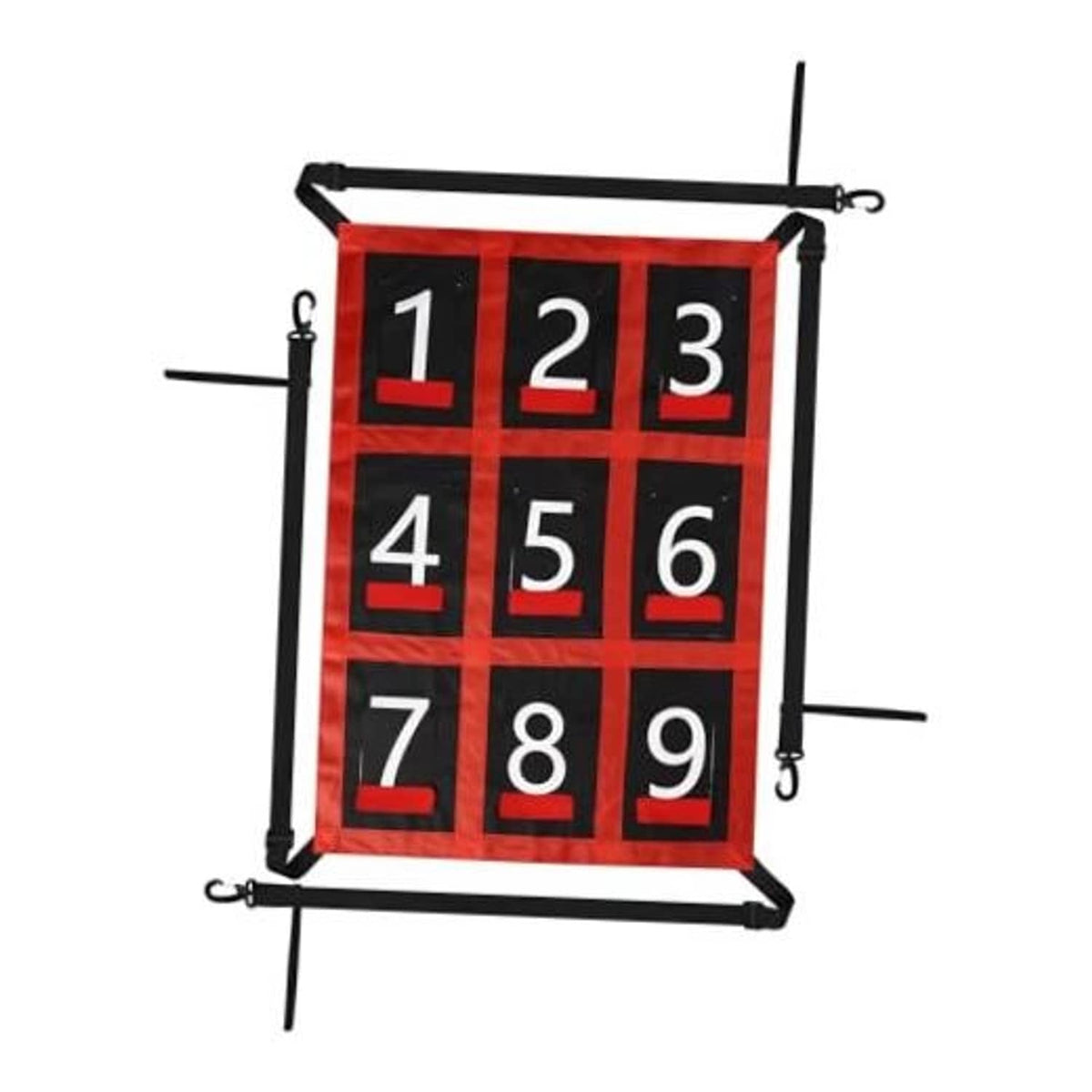 Red and black baseball strike zone target net with numbered 1–9 squares