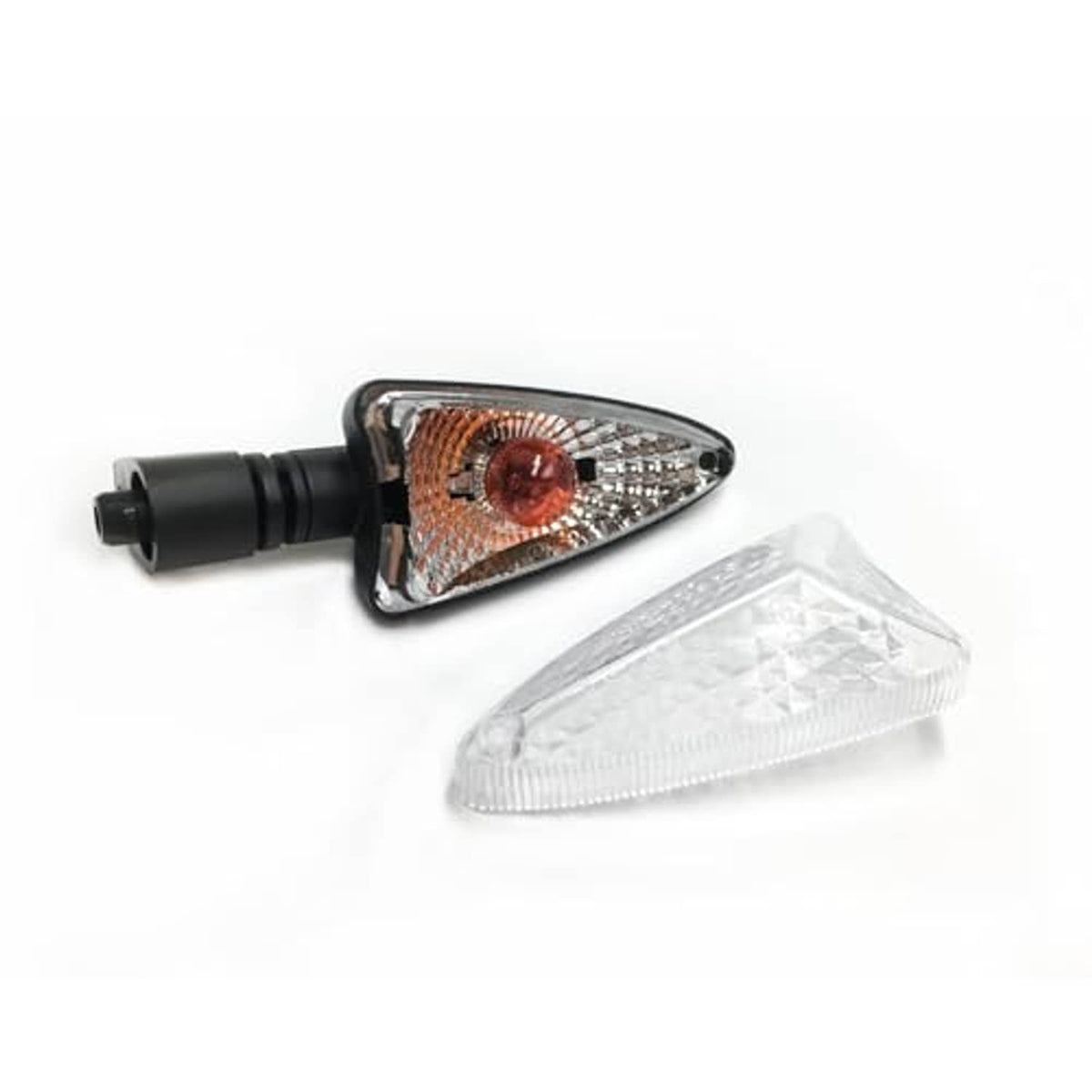 Motorcycle turn signal light with clear lens and amber reflector, plus loose clear lens cover