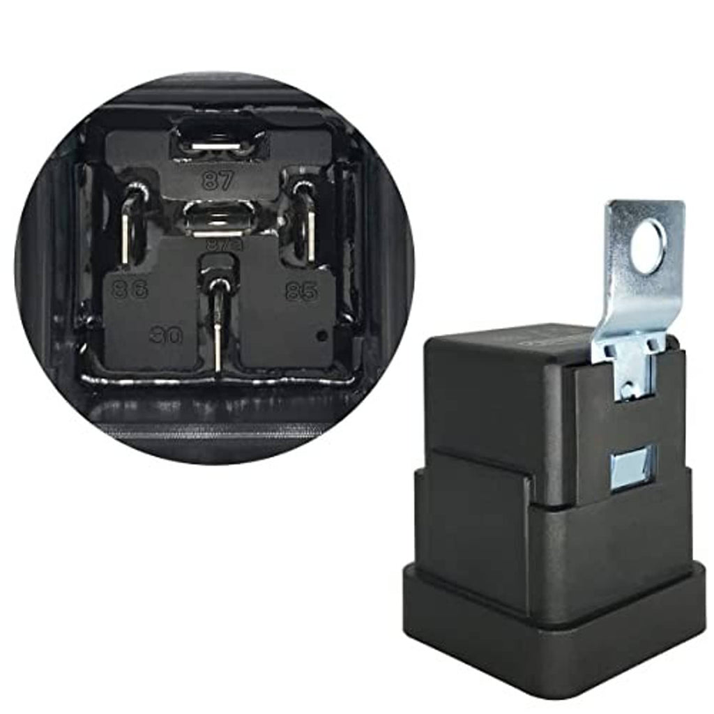 Waterproof 5-pin relay with mounting bracket and close-up view of internal pins