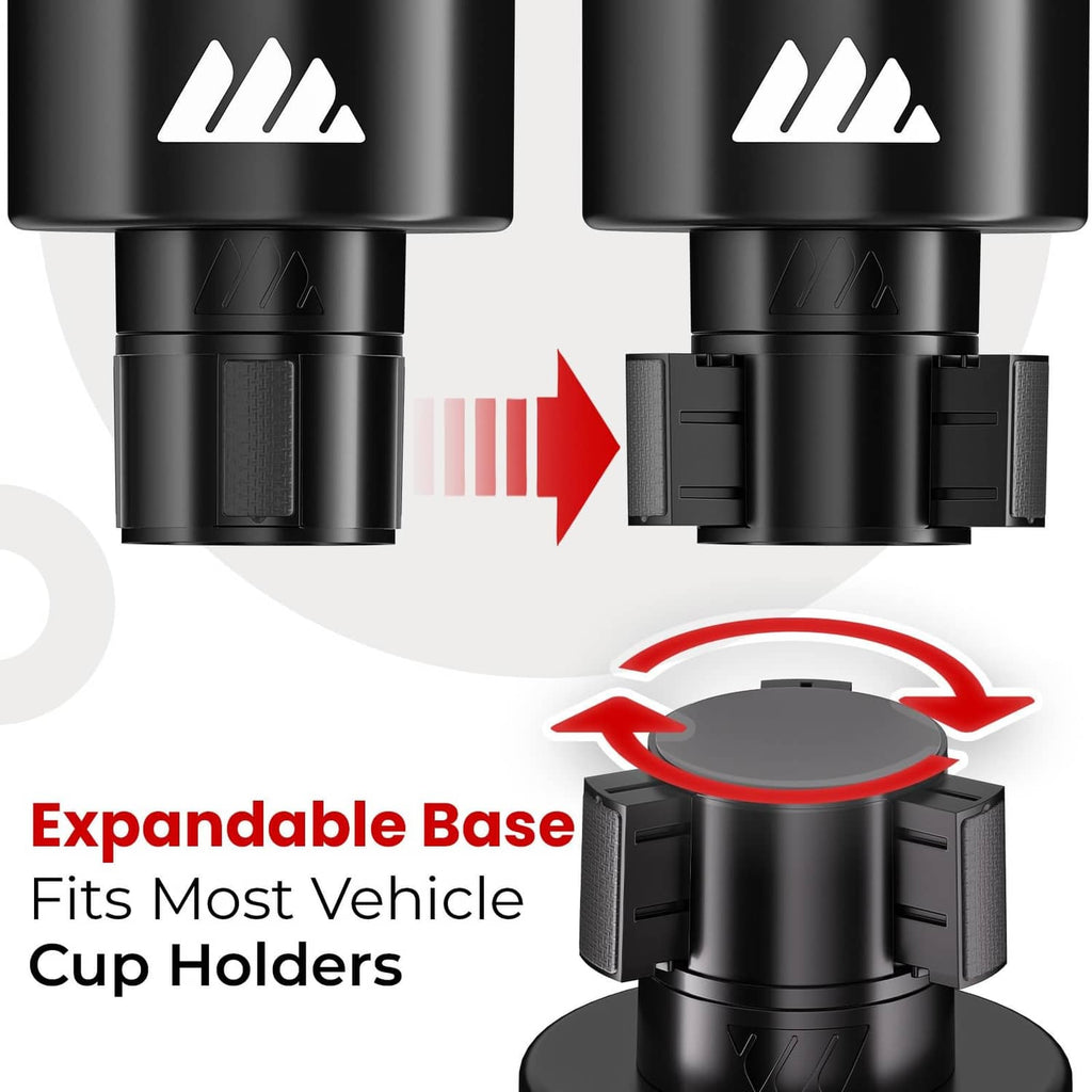 Black expandable base mechanism for vehicle cup holders with side grips