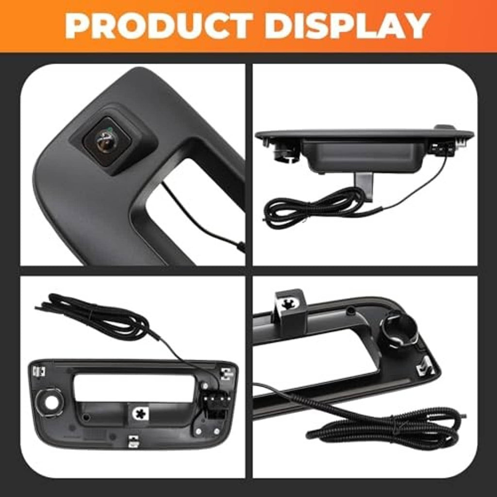Tailgate handle backup camera close-up with side wiring and mounting pieces