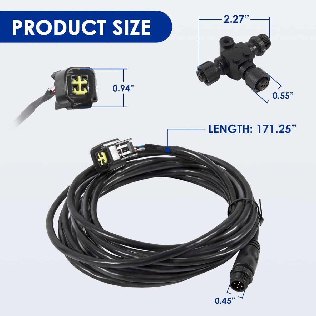 Engine interface cable size diagram with length and connector measurements.