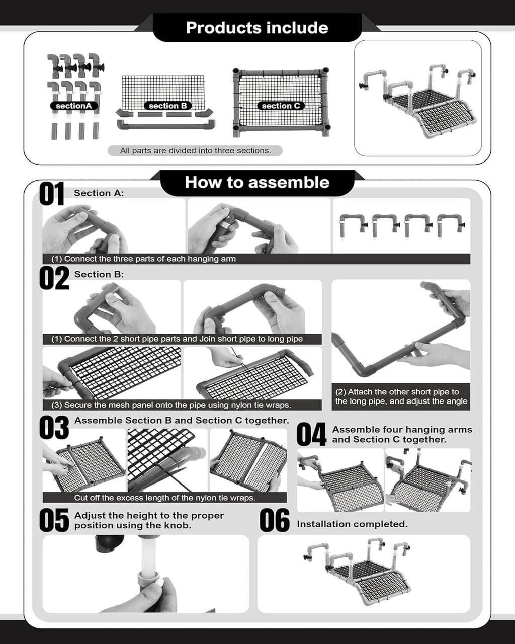 Assembly and parts diagram for a hanging turtle basking platform with pipe sections