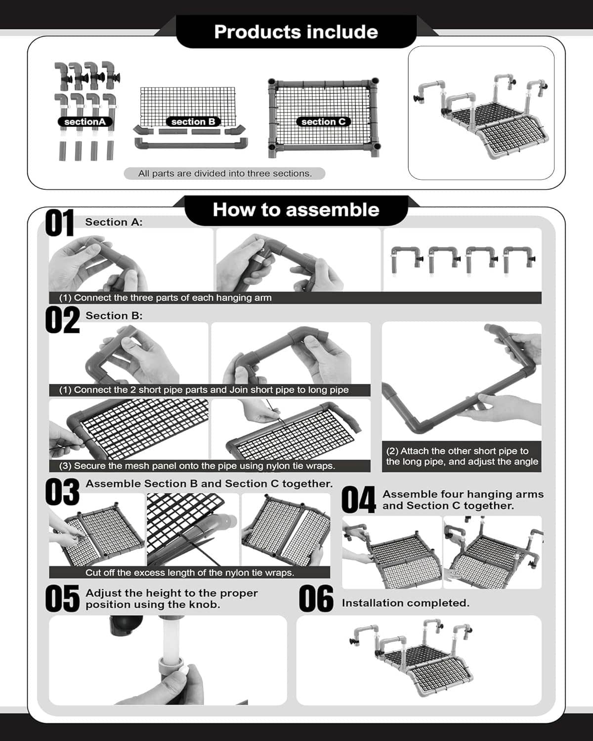 Assembly and parts diagram for a hanging turtle basking platform with pipe sections