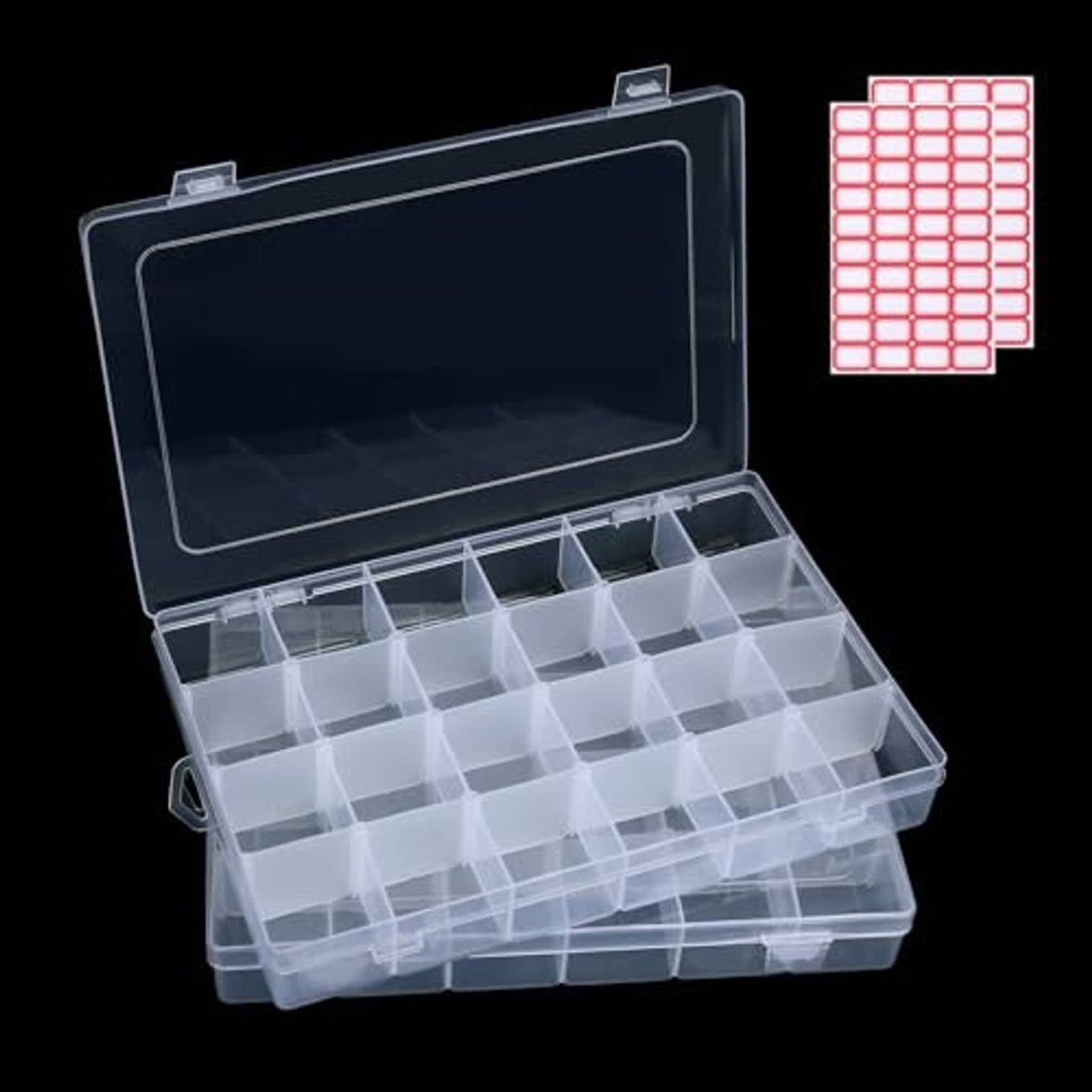 Clear plastic bead organizer box with lid open and adjustable grid dividers