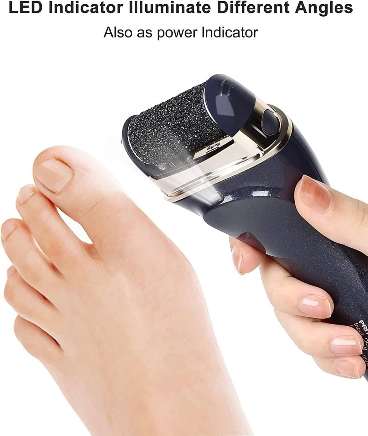 Handheld callus remover with front LED indicator and dark roller surface