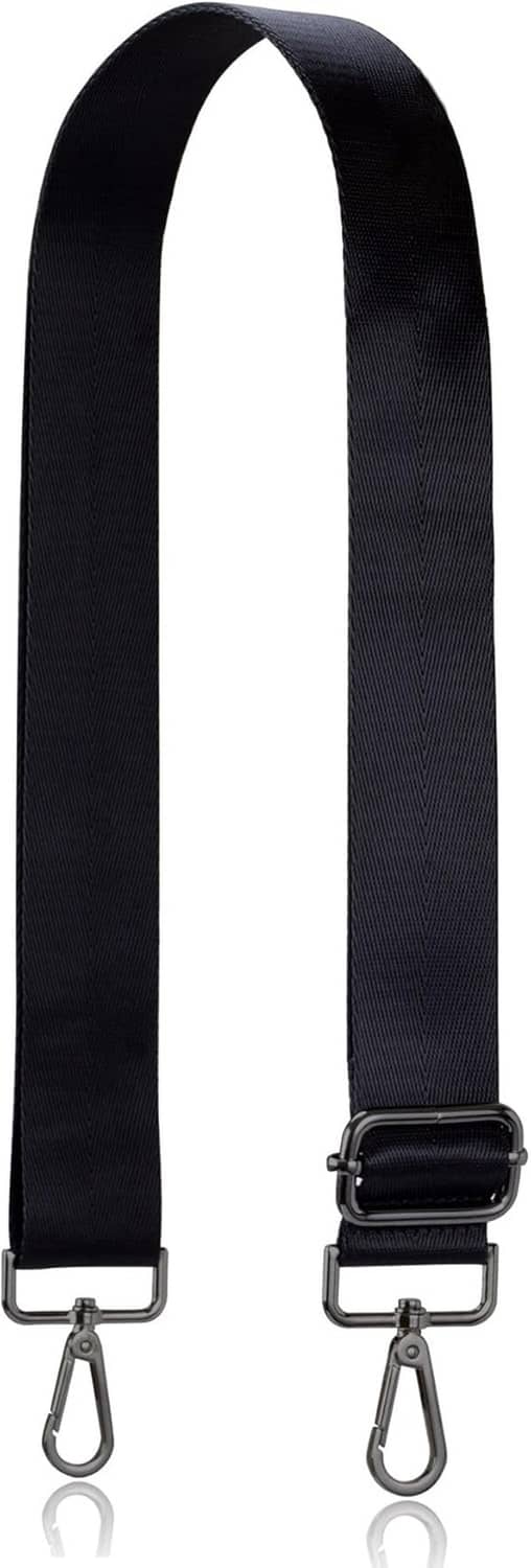 Black wide adjustable crossbody strap with two metal end clips and swivel hardware