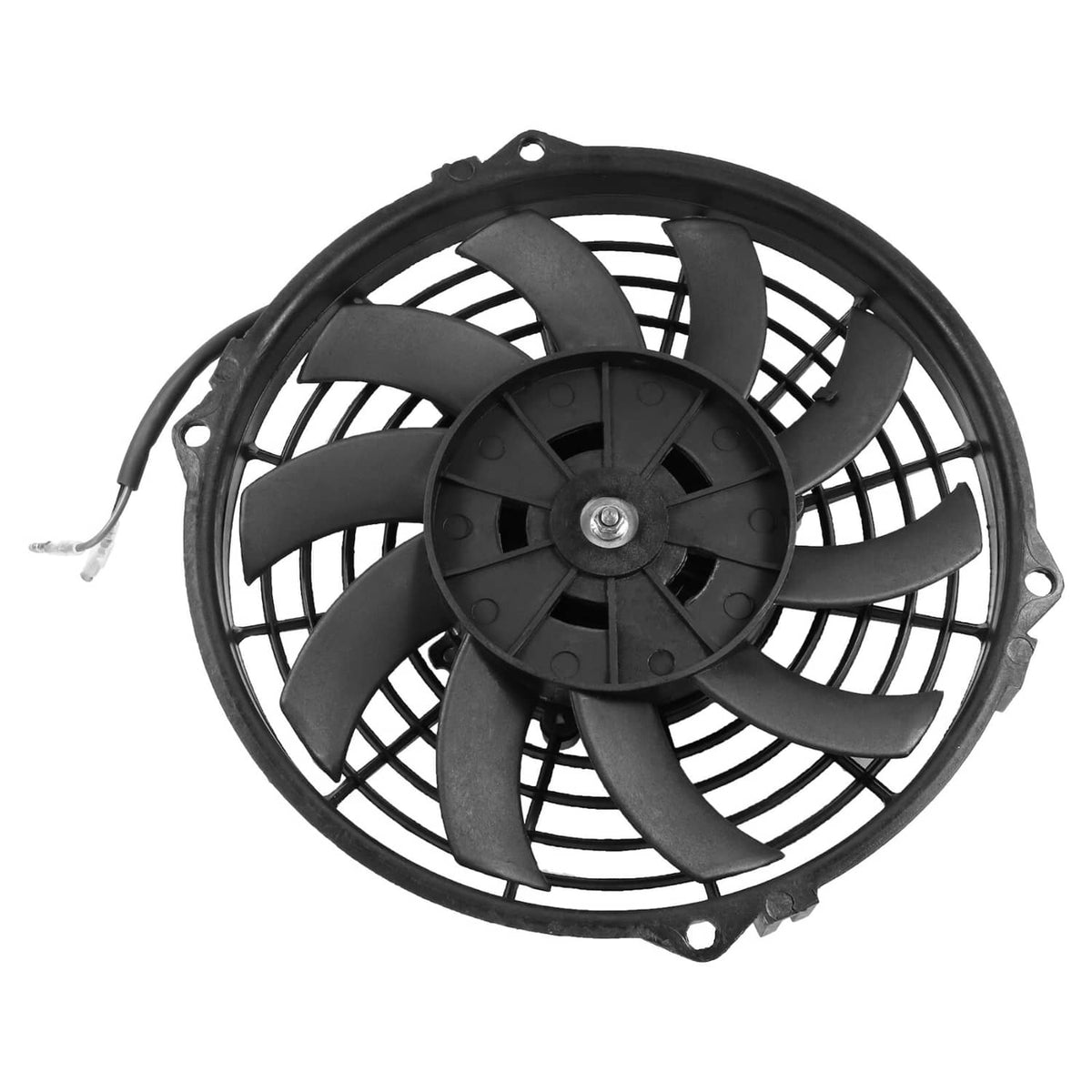 Black 12V radiator cooling fan from above with blue center hub and fan grille