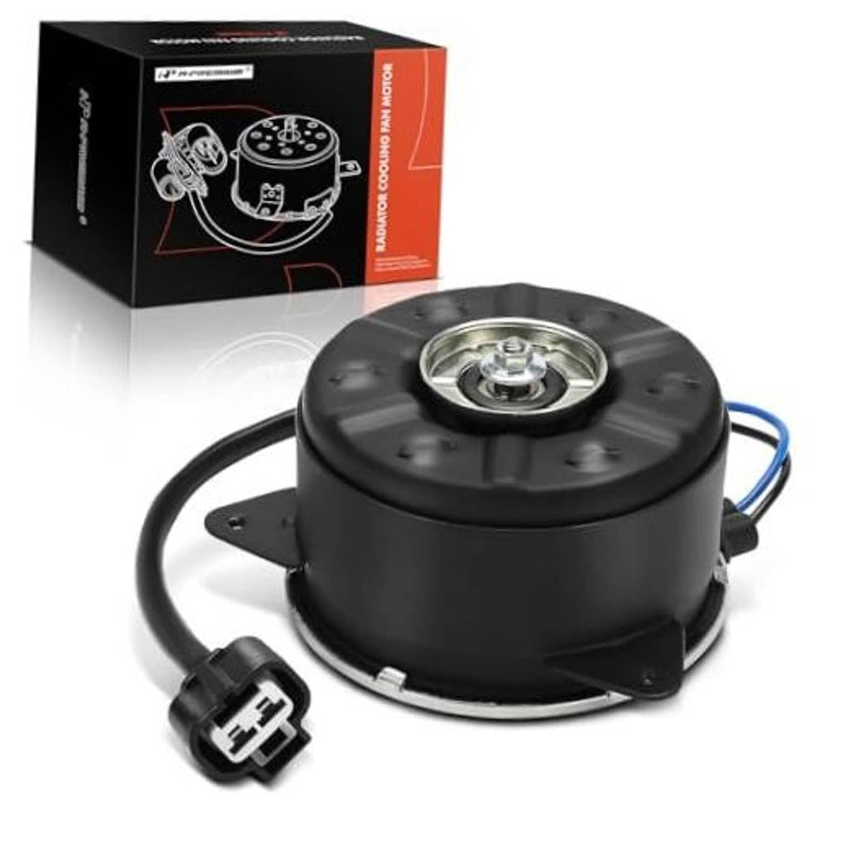 Right radiator fan motor with black housing, mounting bracket, and wire harness