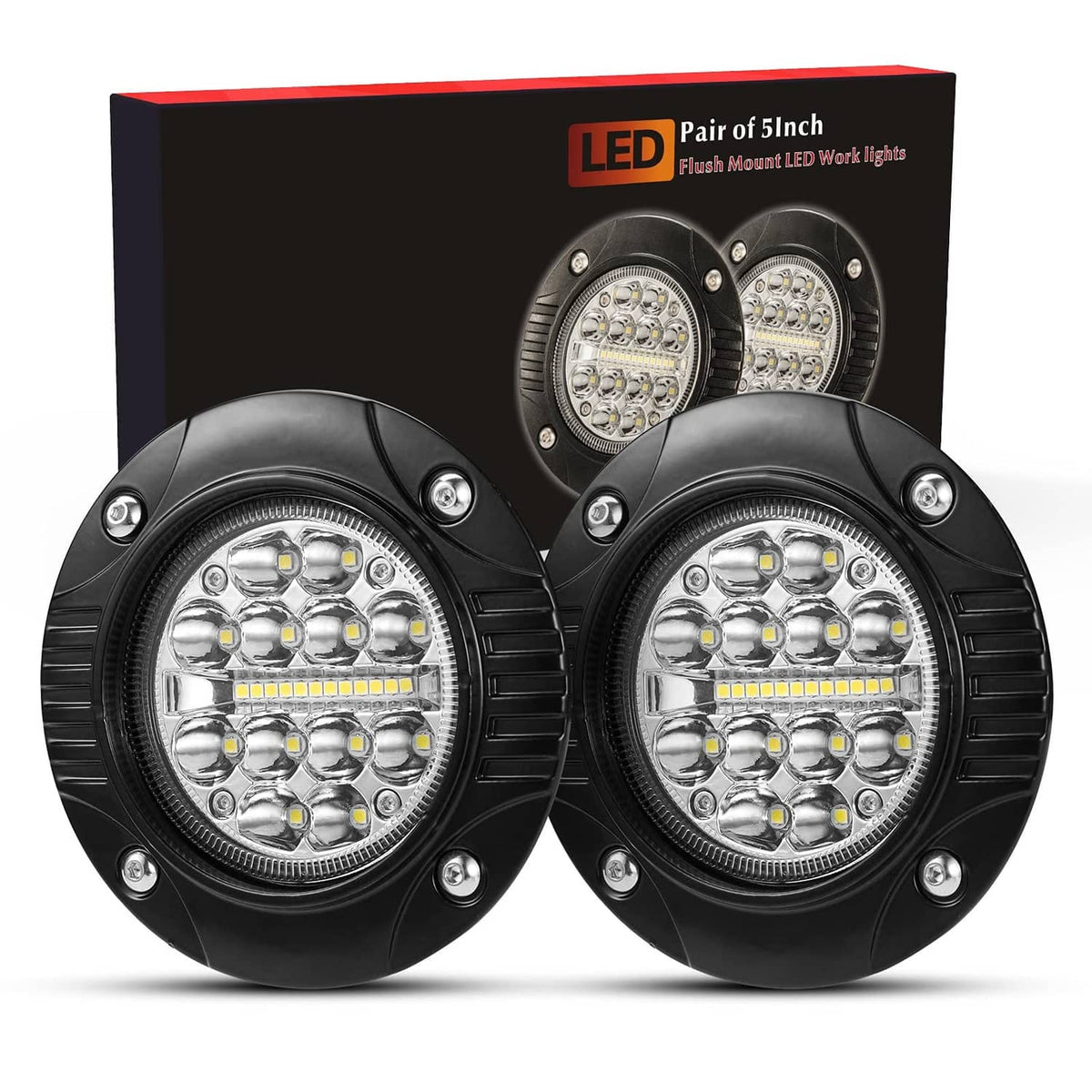 Pair of 5-inch black flush-mount LED work light pods with round lenses
