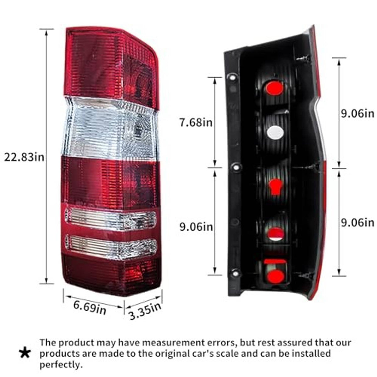 Tail light assembly with red and clear lenses, shown front and back housing.