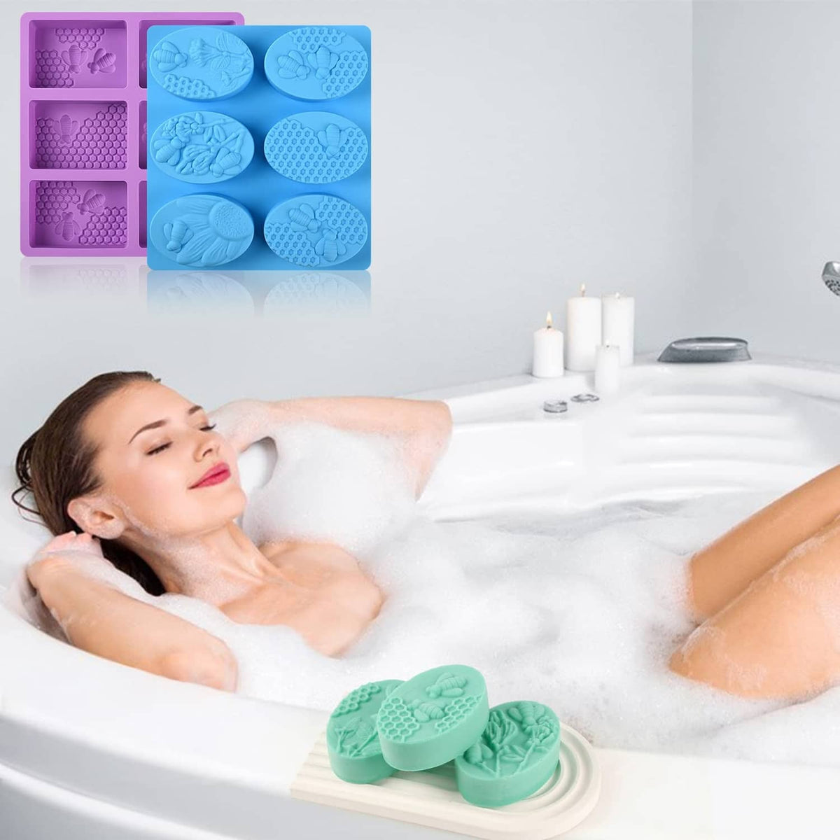 Honeycomb bee soap molds in green silicone, oval cavities for bar soap
