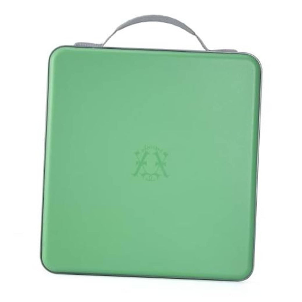 Green hard-plastic CD case with handle, front view and zipper edge