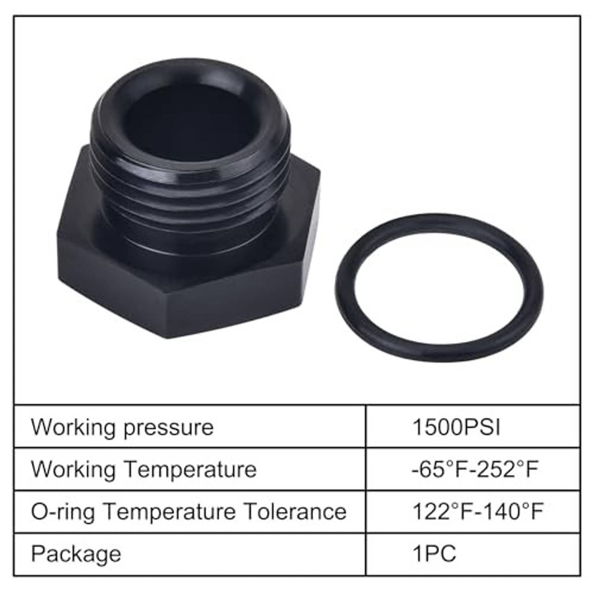 AN plug cap fitting adapter set: black body with O-ring; pressure and temp specs shown