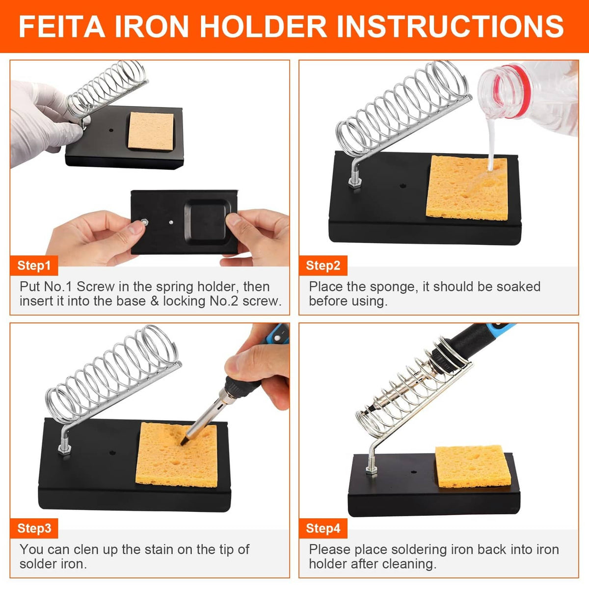 Soldering iron holder with spring stand and sponge for cleaning the tip
