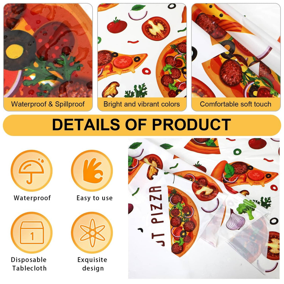 White pizza tablecloth with Hot Pizza print; waterproof disposable design