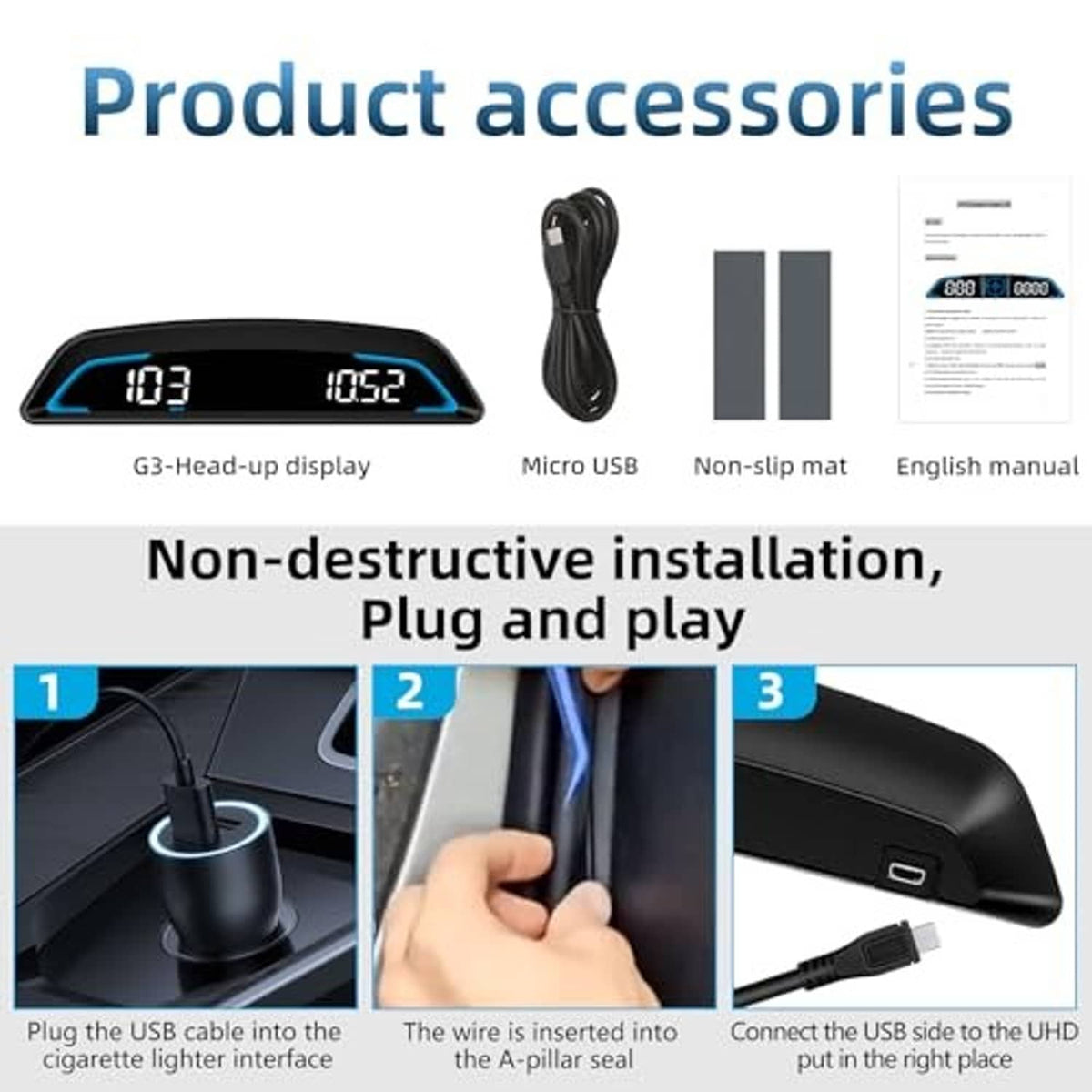Car HUD accessory kit with micro USB cable, non-slip mat, manual, and install steps
